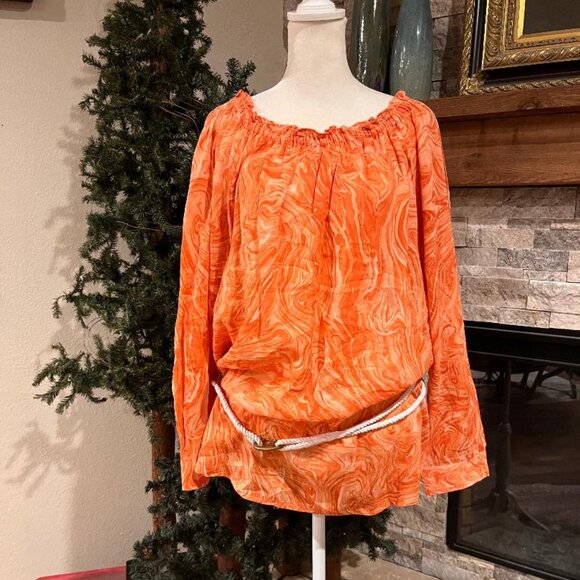 MICHAEL KORS Psychodelic Orange Long Sleeve Peasant Blouse with Rope Belt Size M - Picture 1 of 9
